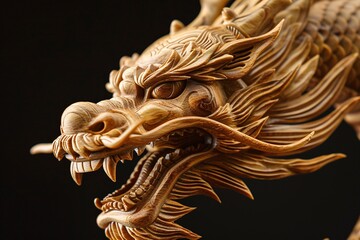 a wood carving of a dragon