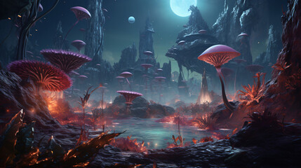 An alien planet with strange plants and creatures.