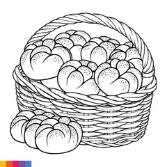 Bakery basket. Bakery food hand drawn line art illustration for the coloring book. Food line art for a coloring page. Vintage sketch vector graphics.