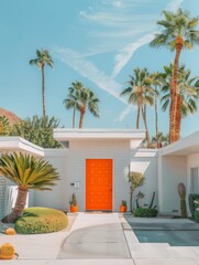 Fototapeta premium A white house with a vibrant red door surrounded by lush palm trees under a clear sky