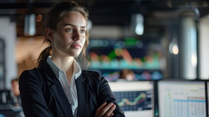 Businesswoman standing in office. Trading charts in background, concept of woman in business, financial markets, with bulls and bears indicating market trends.