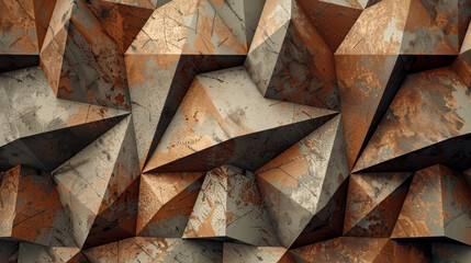 Abstract arrangement of copper-coloured tetrahedron shapes.