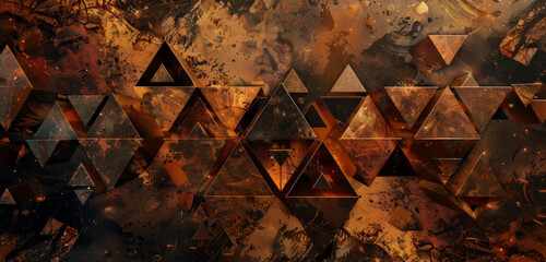 Copper tetrahedrons burst in a dramatic clash, shards frozen mid-explosion. - obrazy, fototapety, plakaty