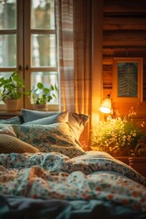 Pneumonia patient home care, family tending, cozy bedroom, close-up, warm and comforting light.stock photographic style
