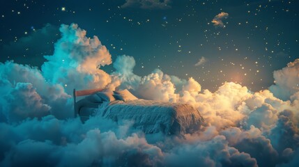 Fototapeta na wymiar A serene and whimsical concept of a bedroom floating among fluffy clouds under a starlit sky.