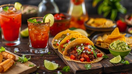 Luscious Mexican Feast With Tacos, Refreshing Michelada Cocktails, And Guacamole, Presented On A Wooden Surface. Mexican Cuisine. Restaurant Menus Or Food Blogs. AI Generated - obrazy, fototapety, plakaty