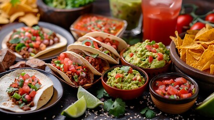 Vibrant Mexican Feast with Tacos, Guacamole, And Salsa. Cinco de Mayo Celebration, Restaurant Menus, Recipe Blogs, Or Foodie Social Media, AI Generated