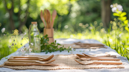 A sustainable wooden picnic cutlery set on a burlap cloth in a sunny garden. - Powered by Adobe