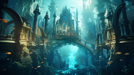 An underwater city with glass domes and underwater tun - obrazy, fototapety, plakaty