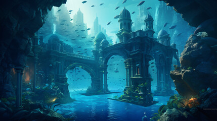 An underwater city with glass domes and underwater tun