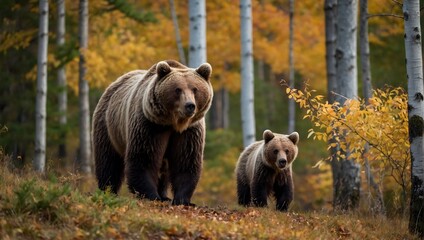 mother bear with two little bears in the forest in autumn