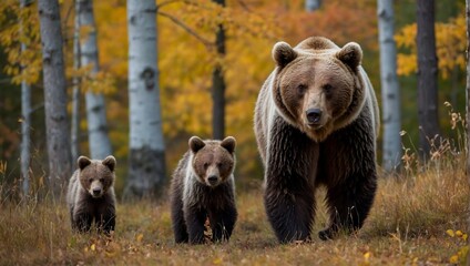 mother bear with three little bears in the forest in autumn