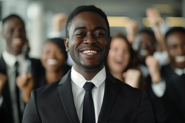 Portrait of young smiling African American businessman standing confidently in front of the team cheering. Leadership concept. High quality photo