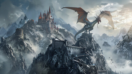 Artistic Illustration Of A Dragon Attacking A Castle O - obrazy, fototapety, plakaty