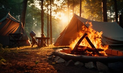 Close up photo of amazing fire pit near the tent in the forest. Camping theme. - obrazy, fototapety, plakaty