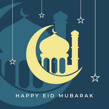 Mosque silhouette moon star eid mubarak image greeting card vector illustration