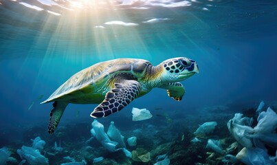 Fototapeta premium Beautiful giant turtle swims in a polluted sea full of plastic waste, bottles. Plastic pollution theme