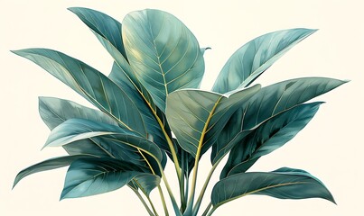 A vintage botanical illustration of an indoor plant with large, dark green leaves on a white background. Generative Ai