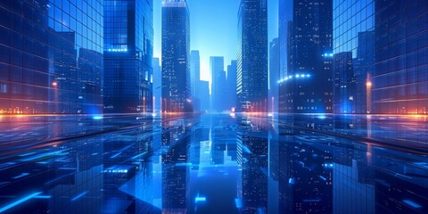 Modern skyscrapers of a smart city, futuristic financial district, graphic perspective of buildings and reflections - Architectural blue background for corporate and business brochure, Generative AI
