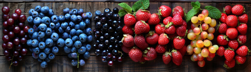 Fresh blueberries, strawberries, and grapes displayed in neat rows on a wooden surface.