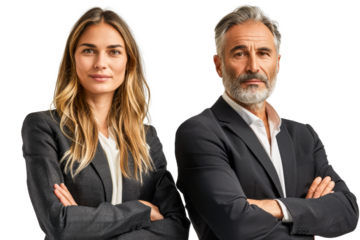 Confident Business Duo, A Portrait of Modern Corporate Elegance and Partnership, marketmarker ceo seo, Isolated on Transparent Background	
