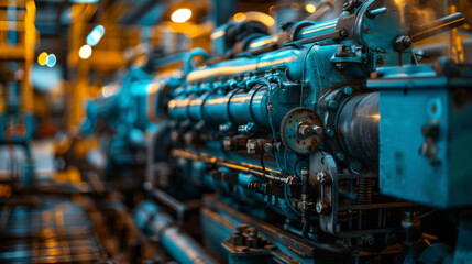A detailed view of a blue industrial engine with visible mechanisms in a manufacturing plant environment.