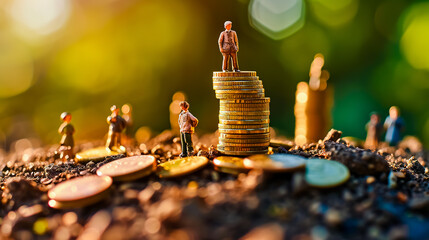Group of miniature people standing on top of stack of gold coins.