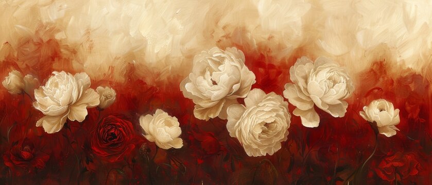  A white-and-red flower painting on a red-beige background with a white stripe dividing it