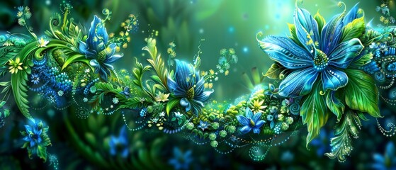  A blue flower with green leaves and butterflies on a green background against a blue sky