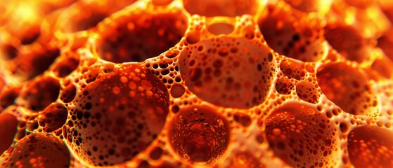  A high-resolution photo of an orange liquid with numerous holes and abundant bubbles in the center, providing a detailed examination - obrazy, fototapety, plakaty