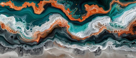  An abstract painting with bold shades of orange, white, and blue on a monochromatic black-and-white marble backdrop