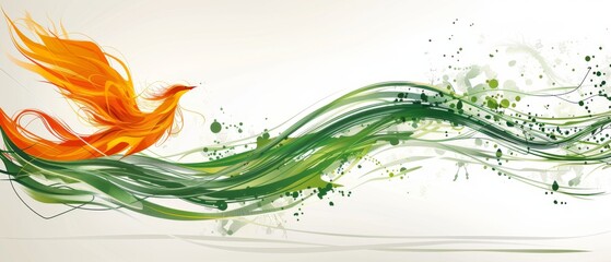  A bird in flight, with vibrant green-orange wing swirls and a splattered body