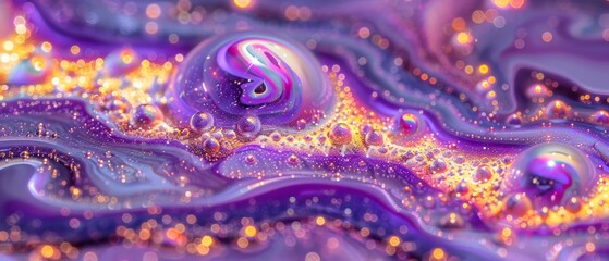  A close-up image of a purple and yellow liquid mixture containing gold particles and bubbles set against a blue and purple backdrop - obrazy, fototapety, plakaty