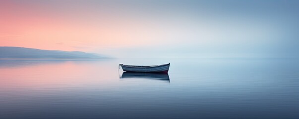 Solitary boat on great foggy lake, long exposure.