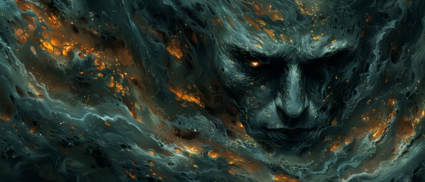  A demon face encircled by swirling fire and smoke