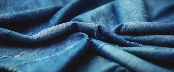 Texture of blue jeans with folds and bends. Background. Panorama. Banner.