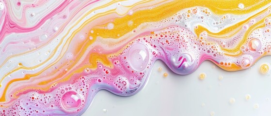  A clear picture of a liquid art with a vivid blend of pink, yellow, and blue on the left canvas