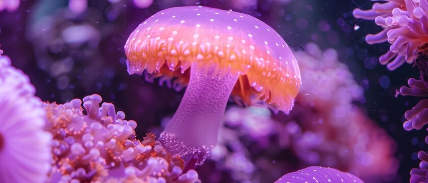 A close-up of a group of purple and orange sea anemones in a coral sea anemone