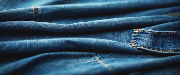 Texture of blue jeans with folds and bends. Background. Panorama. Banner.