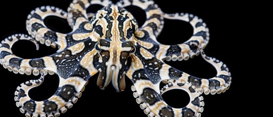  A high-resolution photo of an octopus's head, featuring black and white stripes on its body against a black background