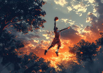 A basketball player making a slam dunk - obrazy, fototapety, plakaty