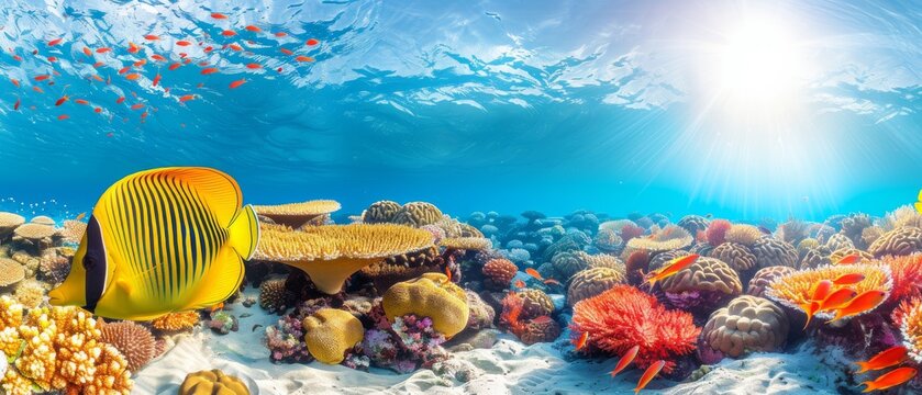  A stunning, vibrant image of a coral reef beneath the waves, teeming with vivid corals and graceful sea anemones in the focal