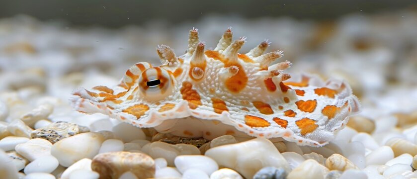  A sharp, close-up picture of a tiny orange and white sea anemone resting on a white rock and gravel background