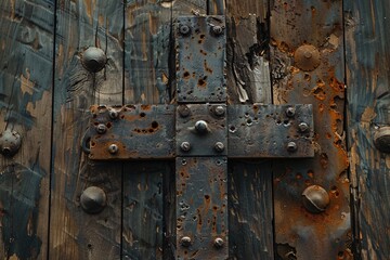 a metal cross on a wood door