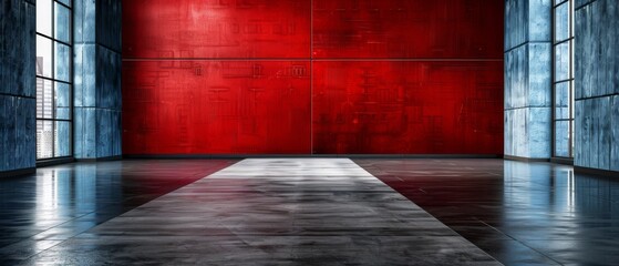  An image shows a black-and-white checkered room The walls have a red background, while the floor displays the same pattern The ceiling is also decorated with the checkers - obrazy, fototapety, plakaty