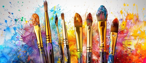  A cluster of paintbrushes positioned adjacent to one another atop a pristine white background, exhibiting vibrant paint splashes