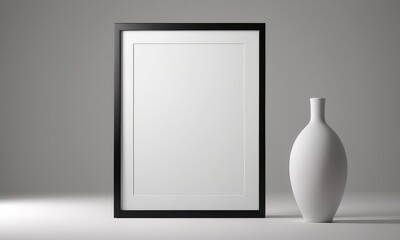 A sleek white vase sits beside a framed blank canvas against a grey backdrop. The simplicity of the composition evokes a serene and modern aesthetic.