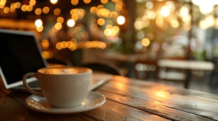 Obraz premium Coffee cup on wooden table, laptop behind, soft focus on coffee, blurred coffee shop background, warm light