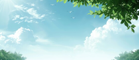 Obraz premium The sun illuminates the blue sky with trees in the foreground, casting shadows on the green grass below