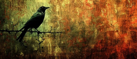  A black bird perched atop a wall, against a reddish-yellow backdrop, with a branch in the foreground - obrazy, fototapety, plakaty